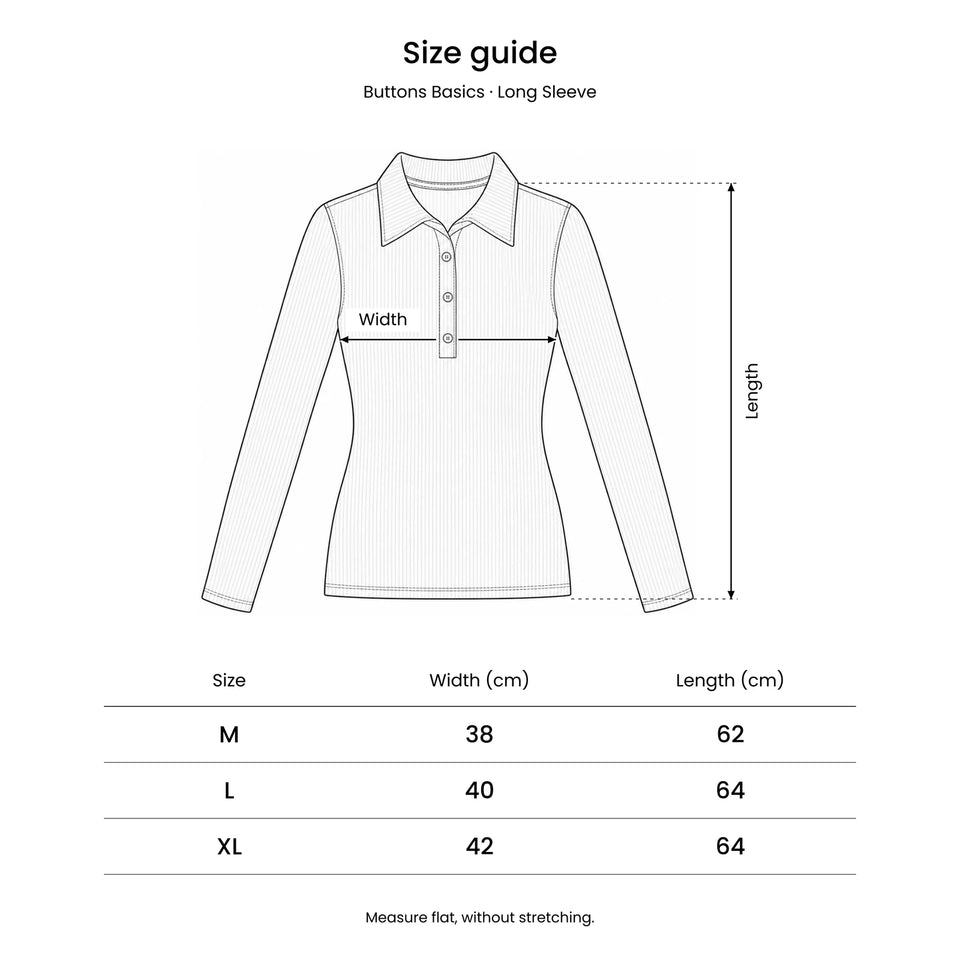 Size guide for the Buttons Basics tops: a drawing of the Long Sleeve showing where the width and length are measured.