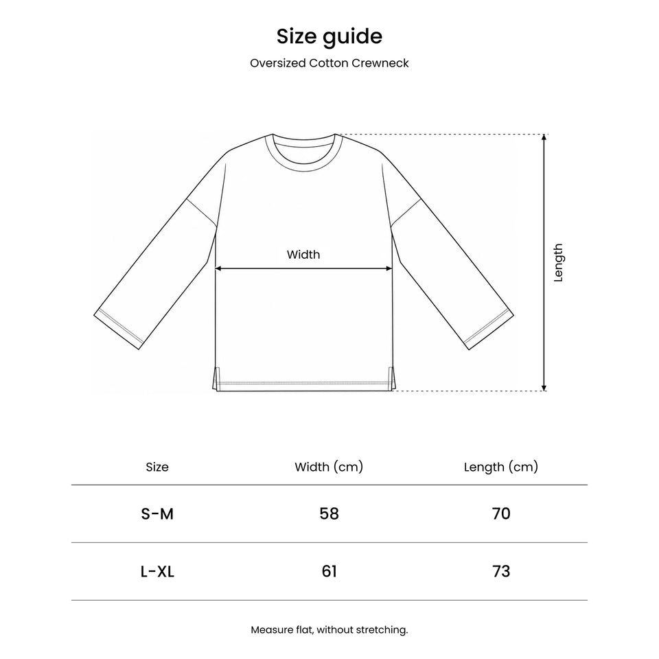 Size guide for the Oversized Cotton Crewneck: a drawing showing where the width and length are measured.