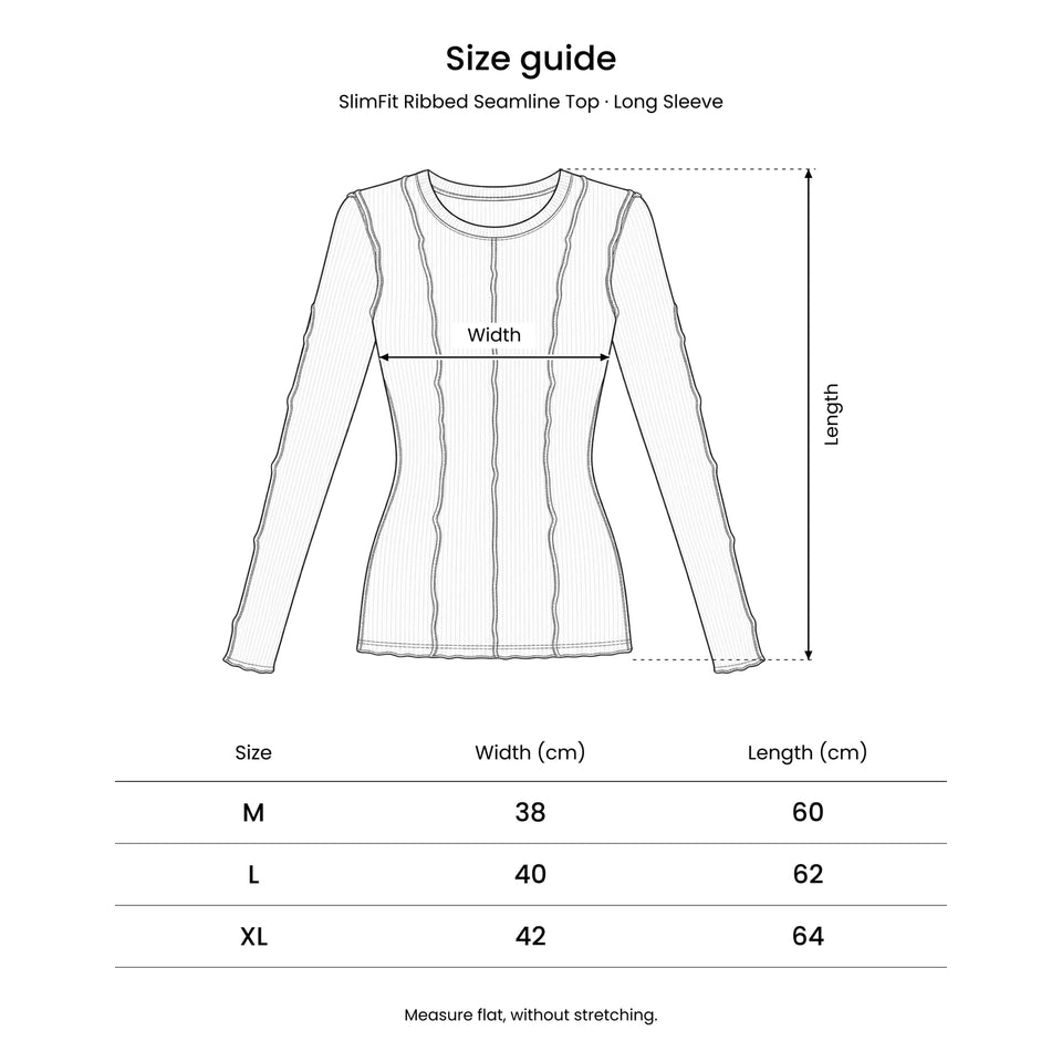 Size guide for the SlimFit Ribbed Seamline Top – Long Sleeve: a drawing showing where the width and length are measured.