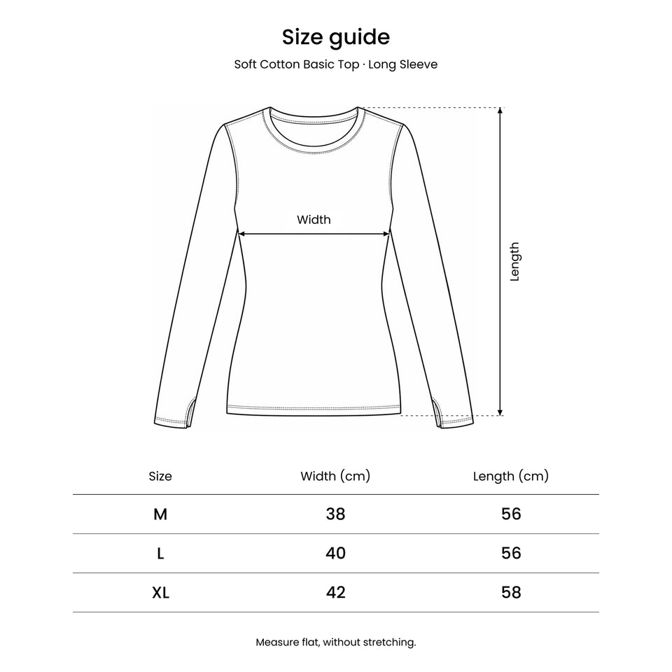 Size guide for the Soft Cotton Basic Top – Long Sleeve: a drawing showing where the width and length are measured.