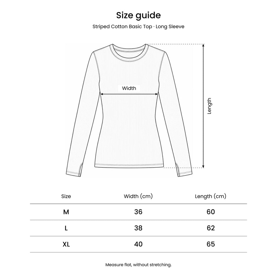 دليل مقاسات Striped Cotton Basic Top – Long Sleeve: رسم يوضّح مكان قياس العرض والطول.