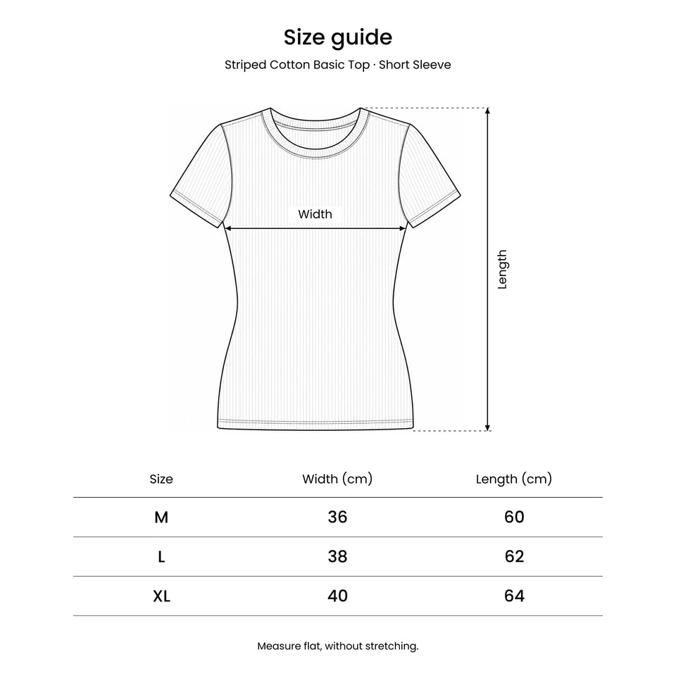 دليل مقاسات Striped Cotton Basic Top – Short Sleeve: رسم يوضّح مكان قياس العرض والطول.