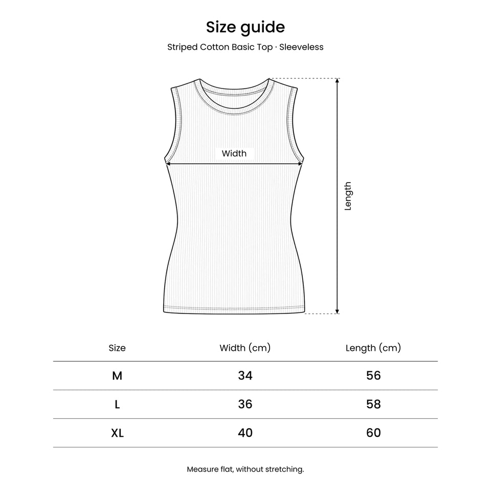 دليل مقاسات Striped Cotton Basic Top – Sleeveless: رسم يوضّح مكان قياس العرض والطول.