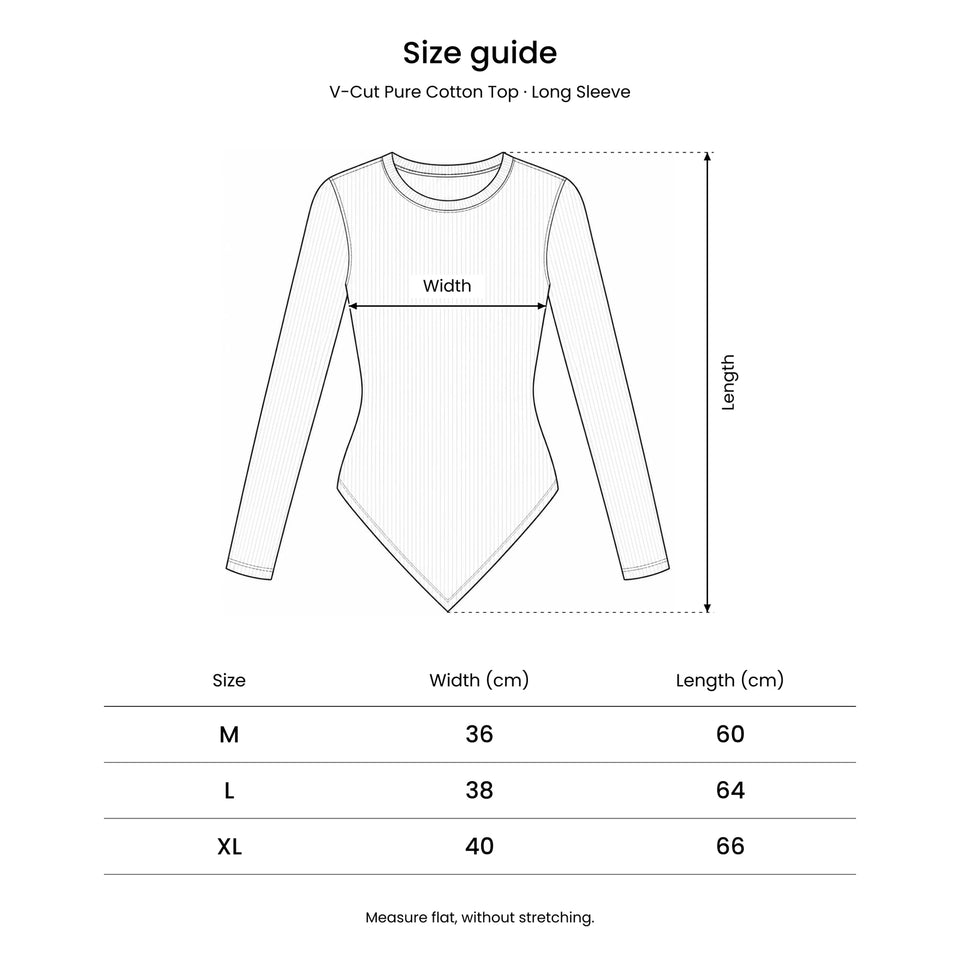 Size guide for the V-Cut Pure Cotton Top – Long Sleeve: a drawing showing where the width and length are measured.