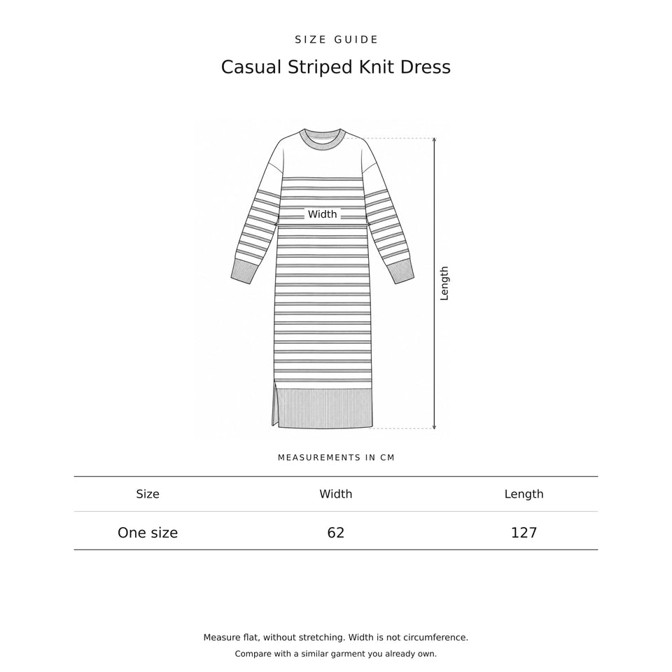 Size guide for the Casual Striped Knit Dress: a drawing showing where each measurement is taken, with the measurements in centimetres.