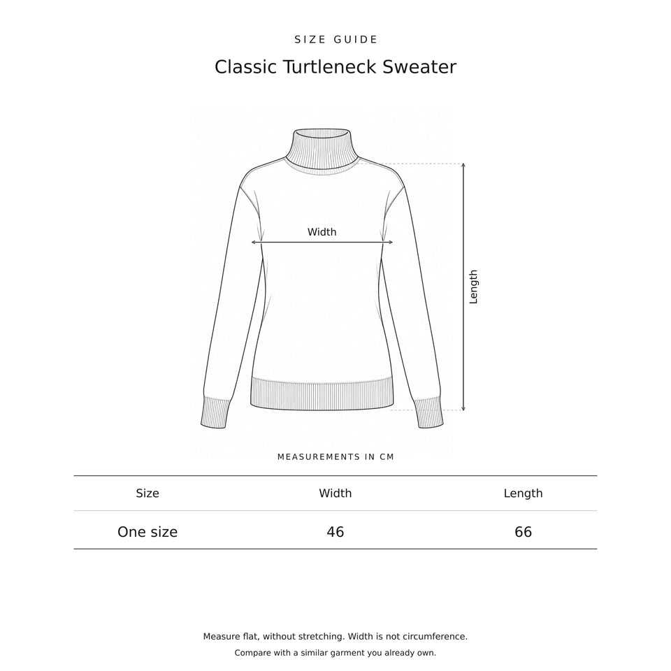 Size guide for the Classic Turtleneck Sweater: a drawing showing where each measurement is taken, with the measurements in centimetres.