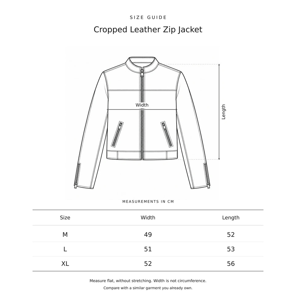 Size guide for the Cropped Leather Zip Jacket: a drawing showing where each measurement is taken, with the measurements in centimetres.