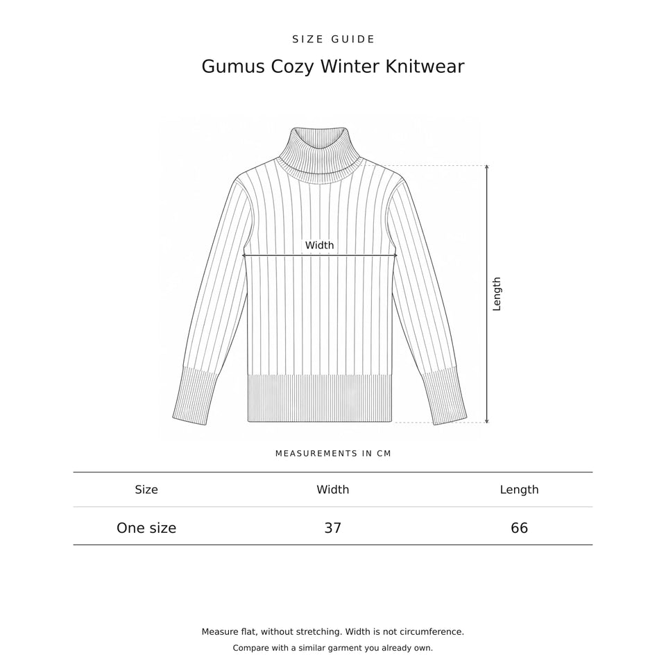 Size guide for the Gumus Cozy Winter Knitwear: a drawing showing where each measurement is taken, with the measurements in centimetres.