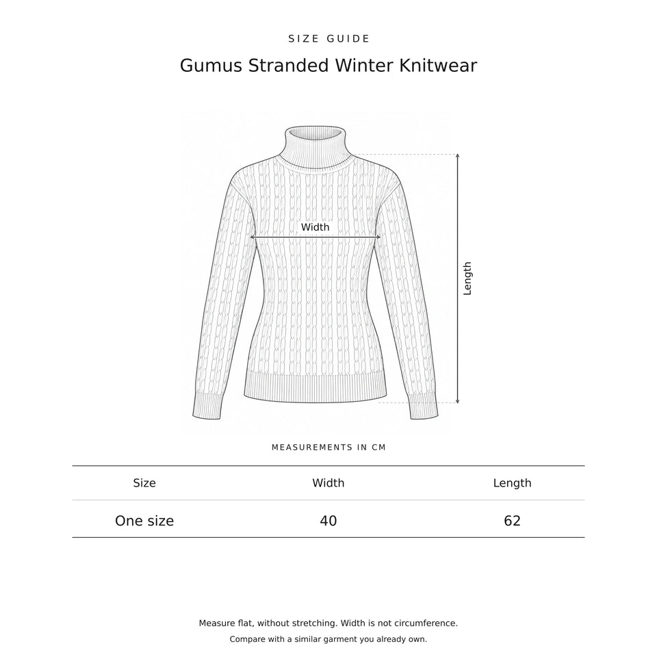 Size guide for the Gumus Stranded Winter Knitwear: a drawing showing where each measurement is taken, with the measurements in centimetres.