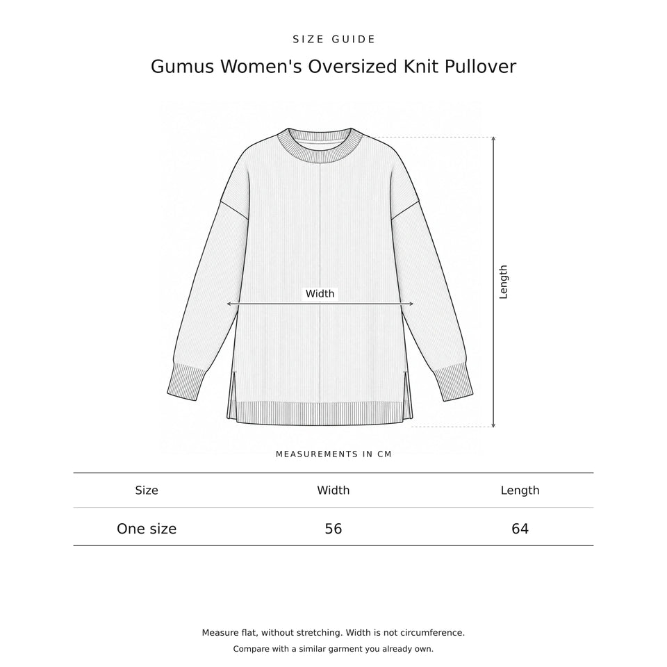 Size guide for the Gumus Women's Oversized Knit Pullover: a drawing showing where each measurement is taken, with the measurements in centimetres.
