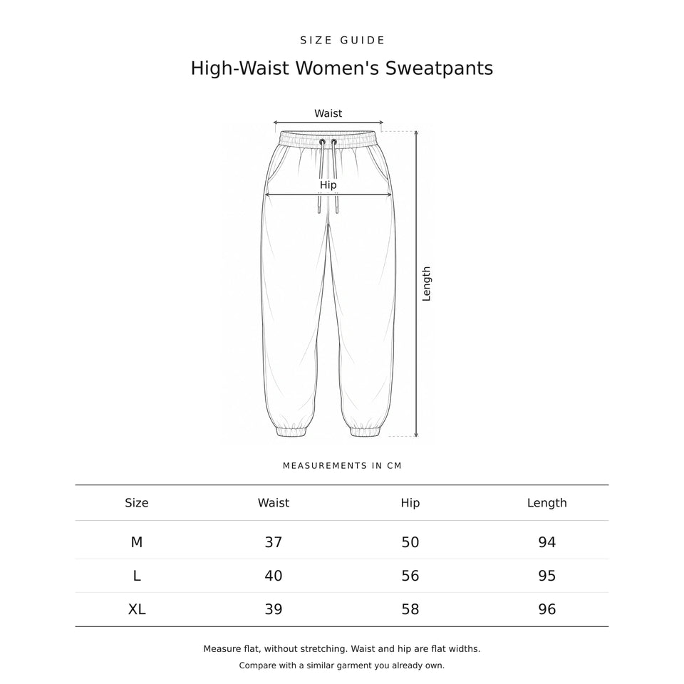 Size guide for the High-Waist Women's Sweatpants: a drawing showing where each measurement is taken, with the measurements in centimetres.