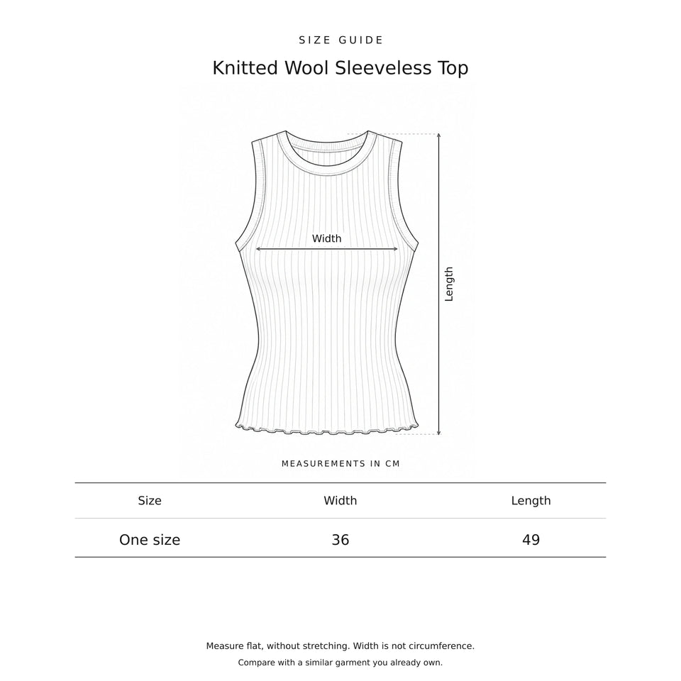 Size guide for the Knitted Wool Sleeveless Top: a drawing showing where each measurement is taken, with the measurements in centimetres.