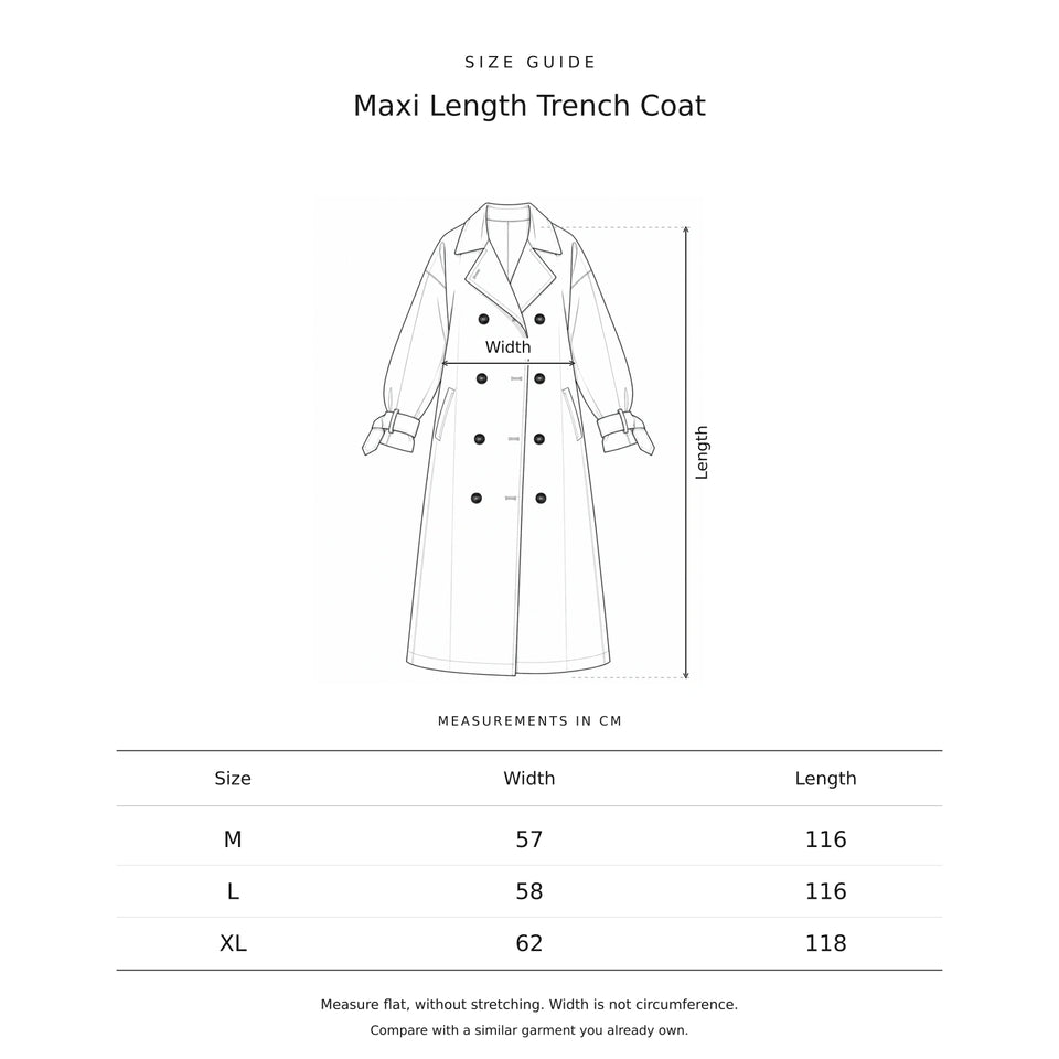 Size guide for the Maxi Length Trench Coat: a drawing showing where each measurement is taken, with the measurements in centimetres.