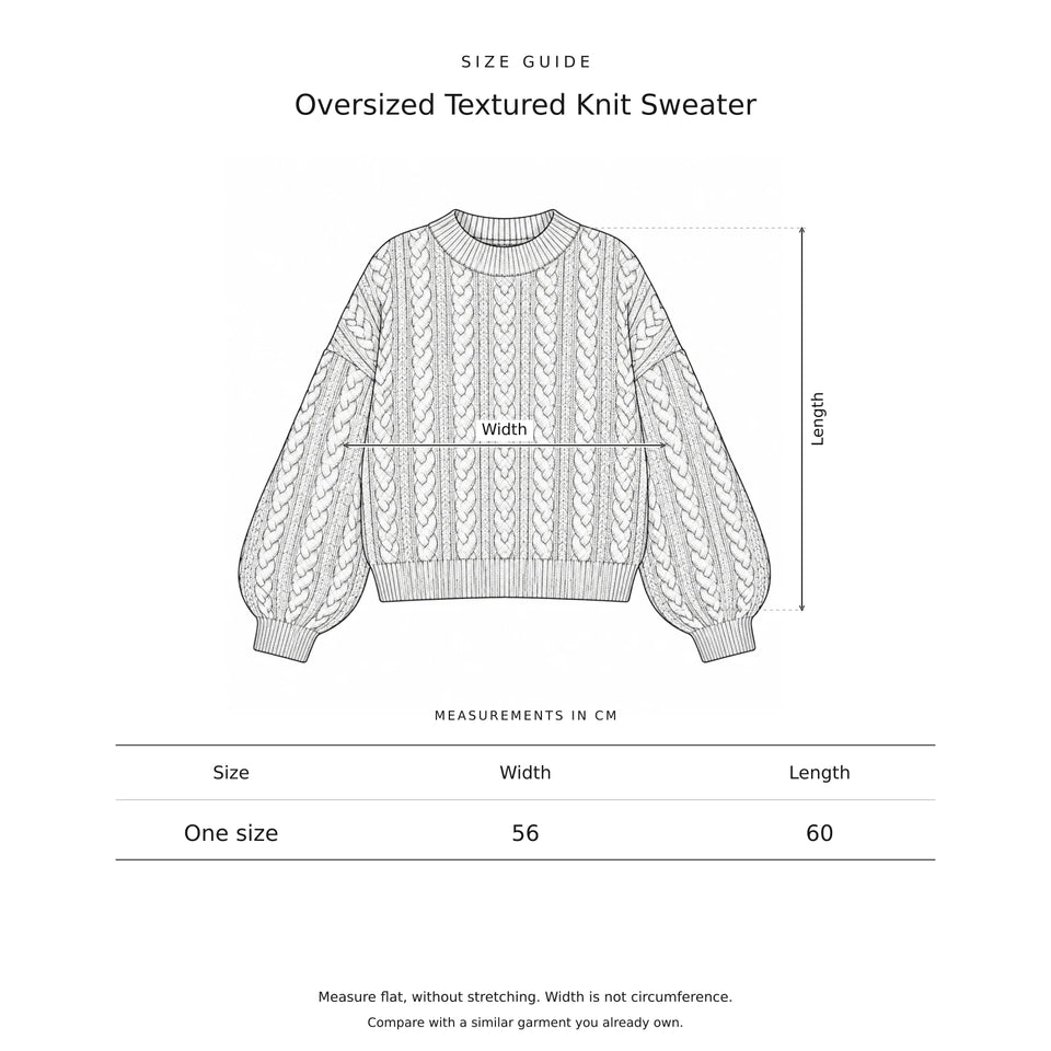 Size guide for the Oversized Textured Knit Sweater: a drawing showing where each measurement is taken, with the measurements in centimetres.