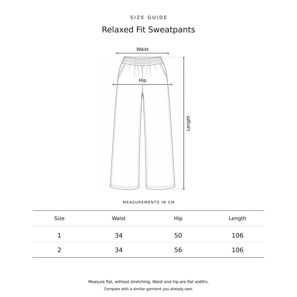 Size guide for the Relaxed Fit Sweatpants: a drawing showing where each measurement is taken, with the measurements in centimetres.