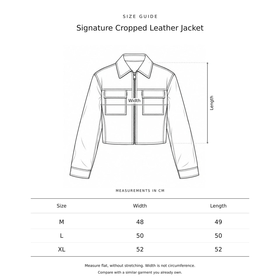 Size guide for the Signature Cropped Leather Jacket: a drawing showing where each measurement is taken, with the measurements in centimetres.