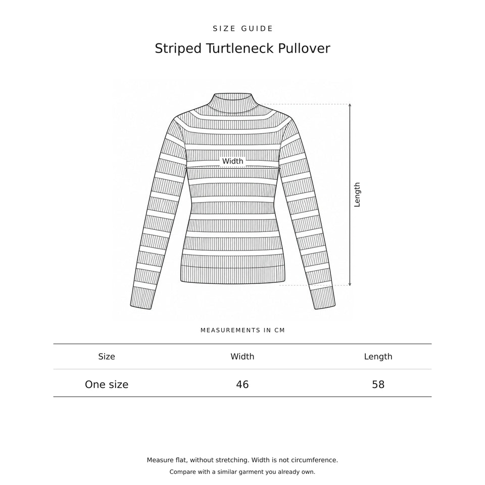 Size guide for the Striped Turtleneck Pullover: a drawing showing where each measurement is taken, with the measurements in centimetres.