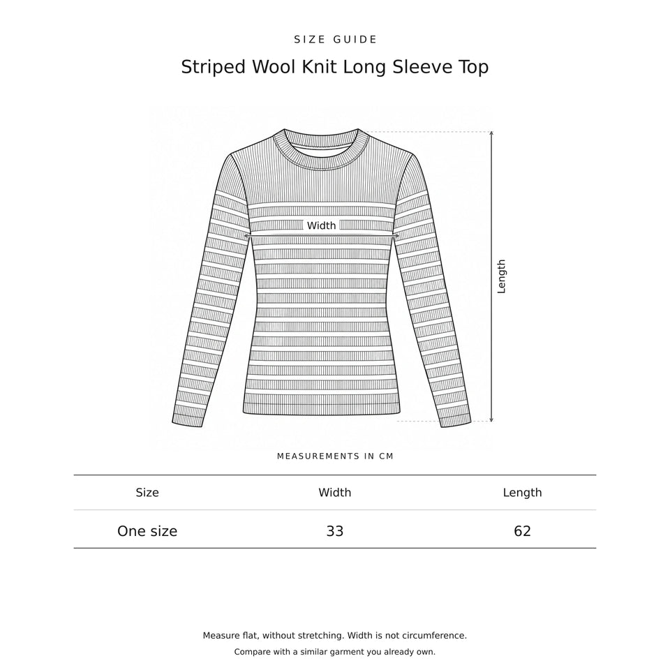 Size guide for the Striped Wool Knit Long Sleeve Top: a drawing showing where each measurement is taken, with the measurements in centimetres.