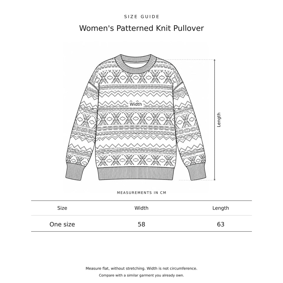 Size guide for the Women's Patterned Knit Pullover: a drawing showing where each measurement is taken, with the measurements in centimetres.