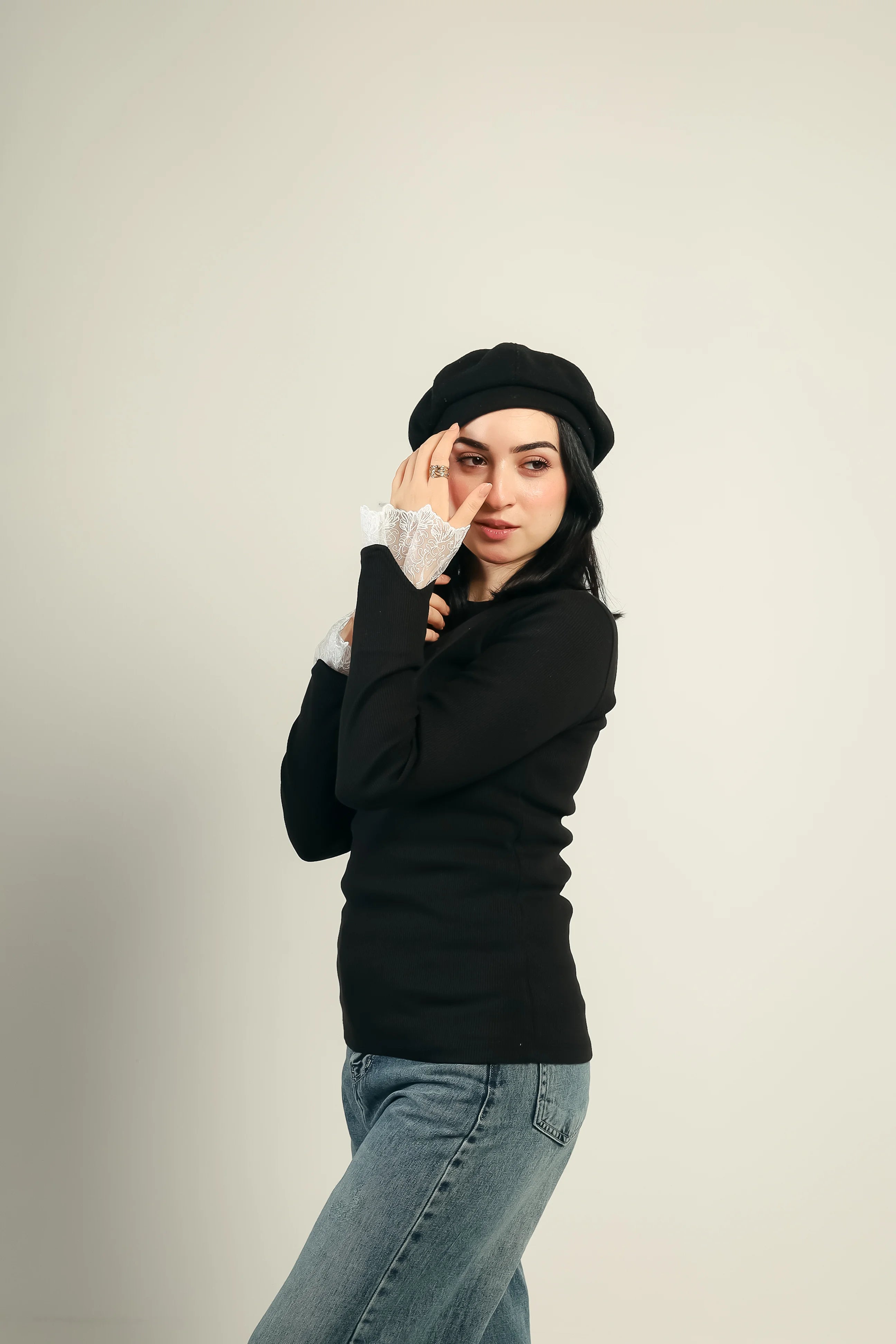 Lace cuff ribbed top