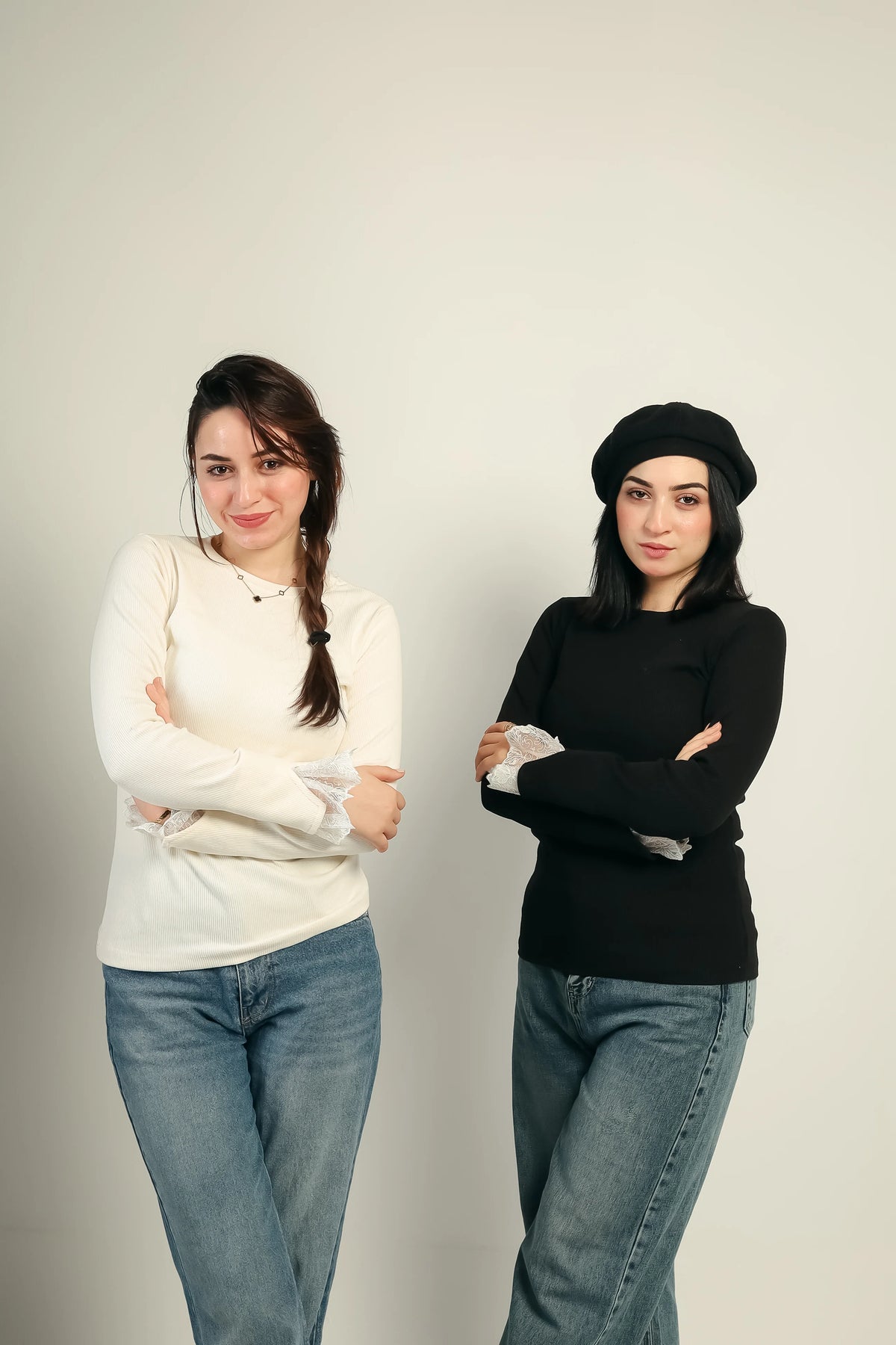 Gumus lace cuff ribbed top shown in offwhite and black side by side