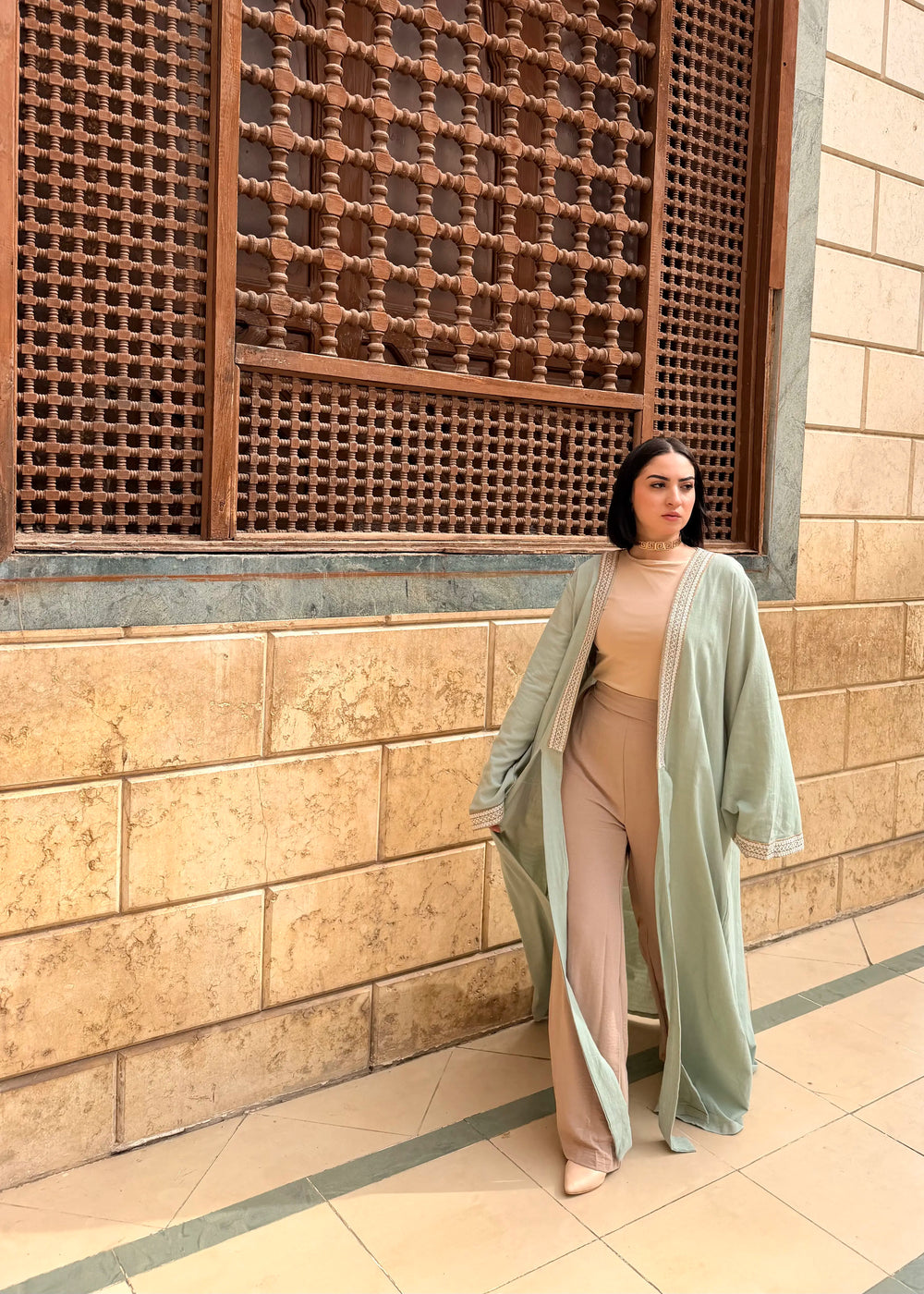 Mint Embroidered Open Abaya Kimono — ramadan collection by Gumus