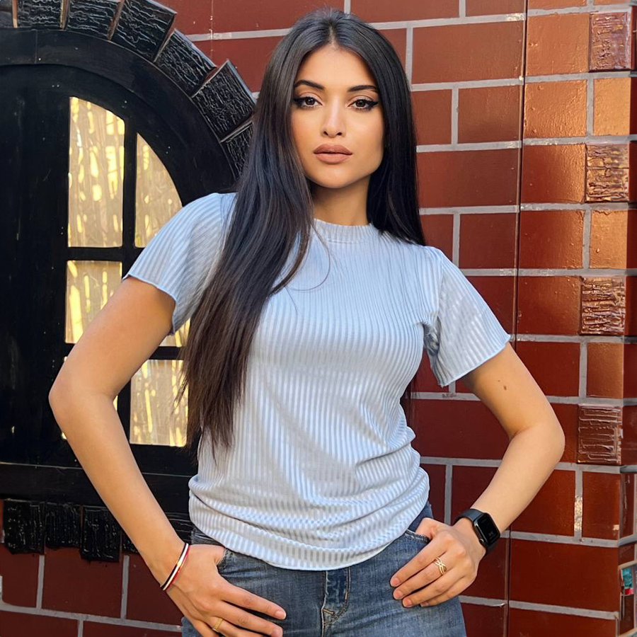 Gumus Short-Sleeve Turkish Rib Top in Baby Blue — ribbed cotton summer top, made in Egypt