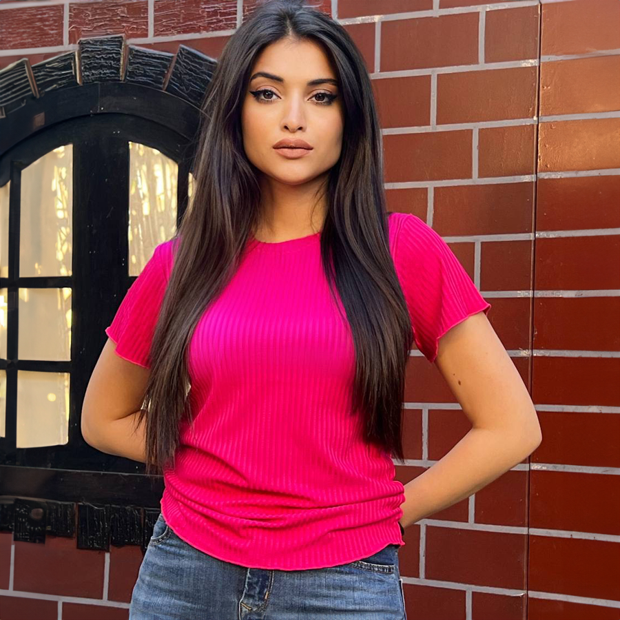 Gumus Short-Sleeve Turkish Rib Top in Fuchsia — ribbed cotton summer top, made in Egypt