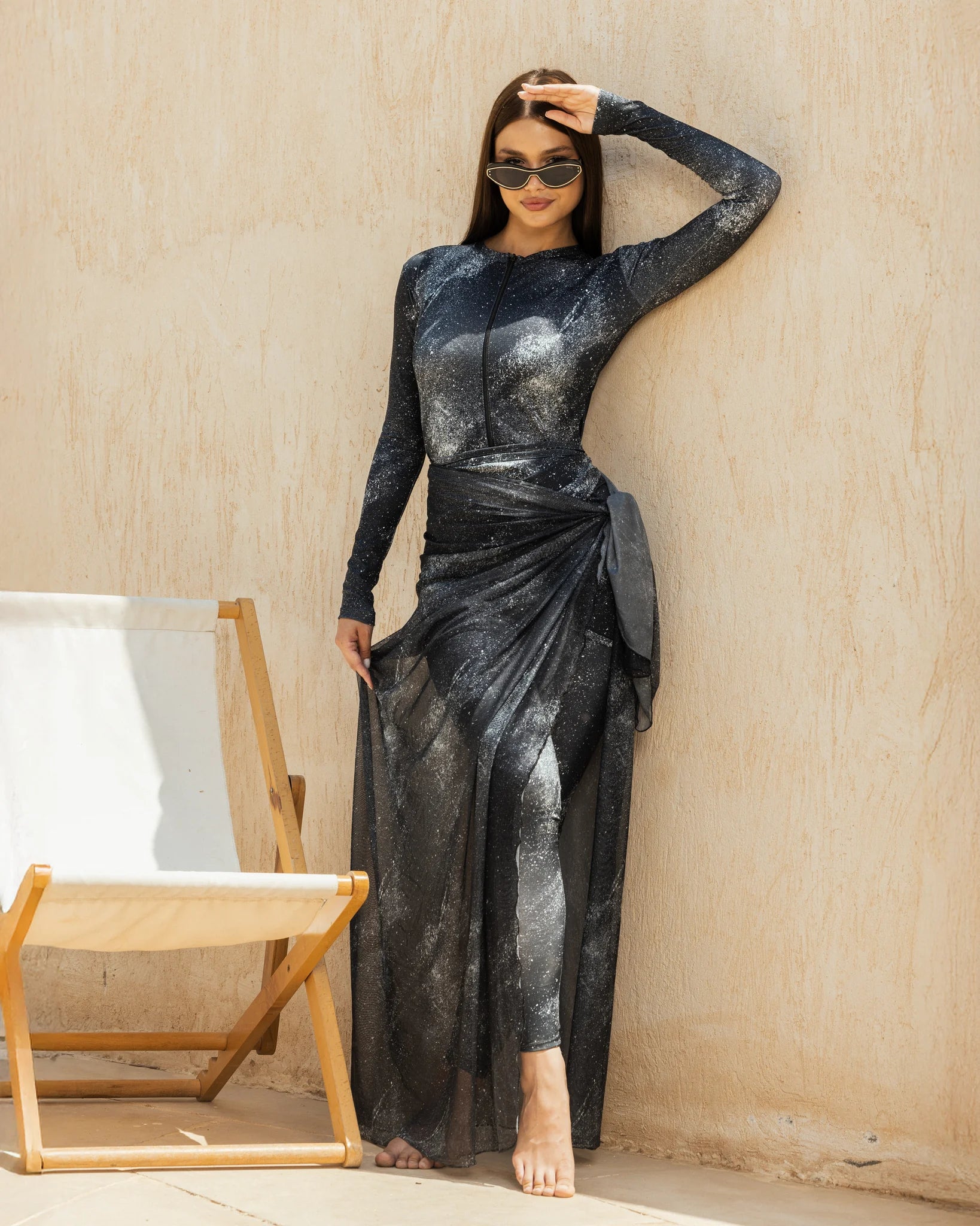 Black diamond shimmer full-coverage burkini set with sarong modest swimwear