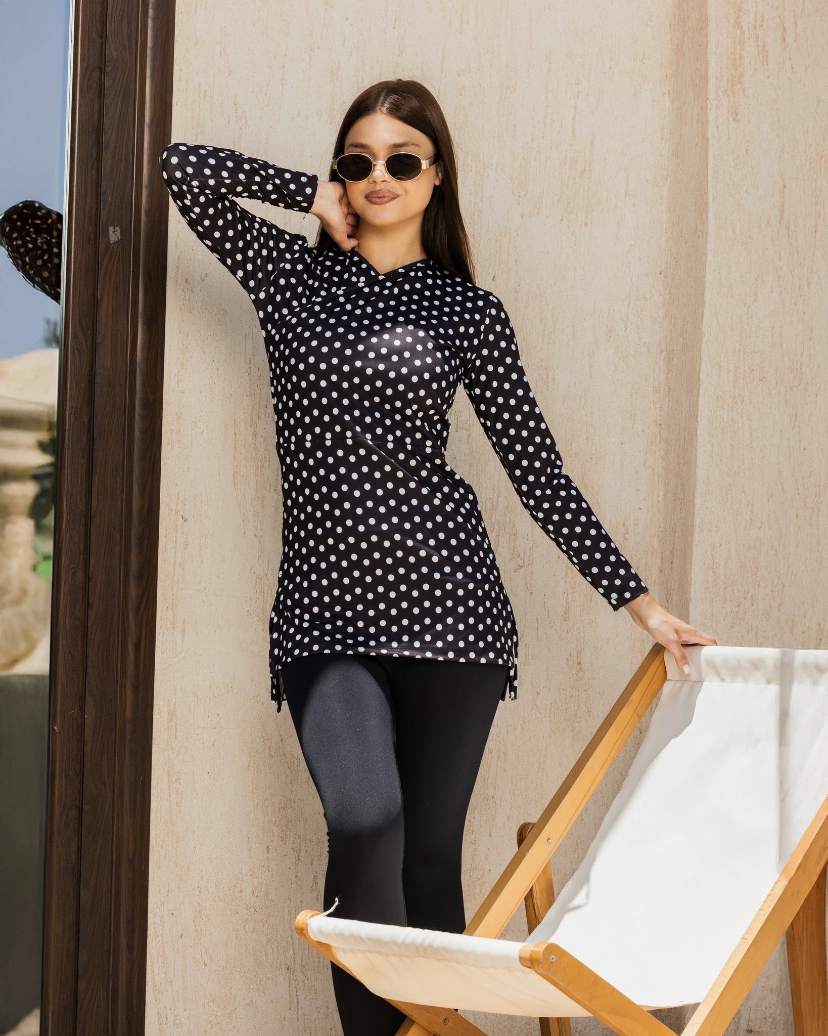 Black polka dot modest swim set back view tunic