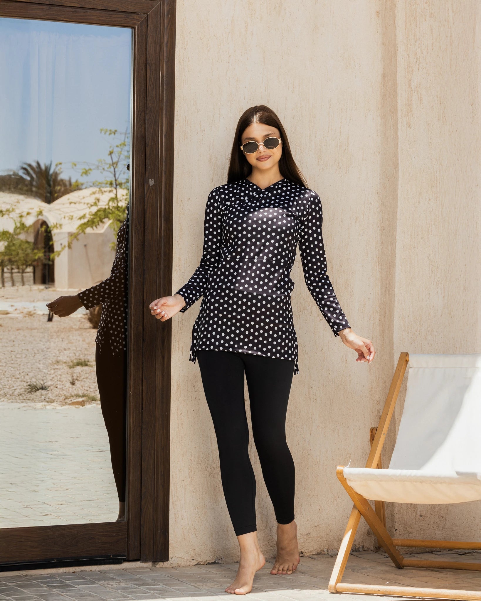 Black polka dot modest swim set front view tunic and leggings