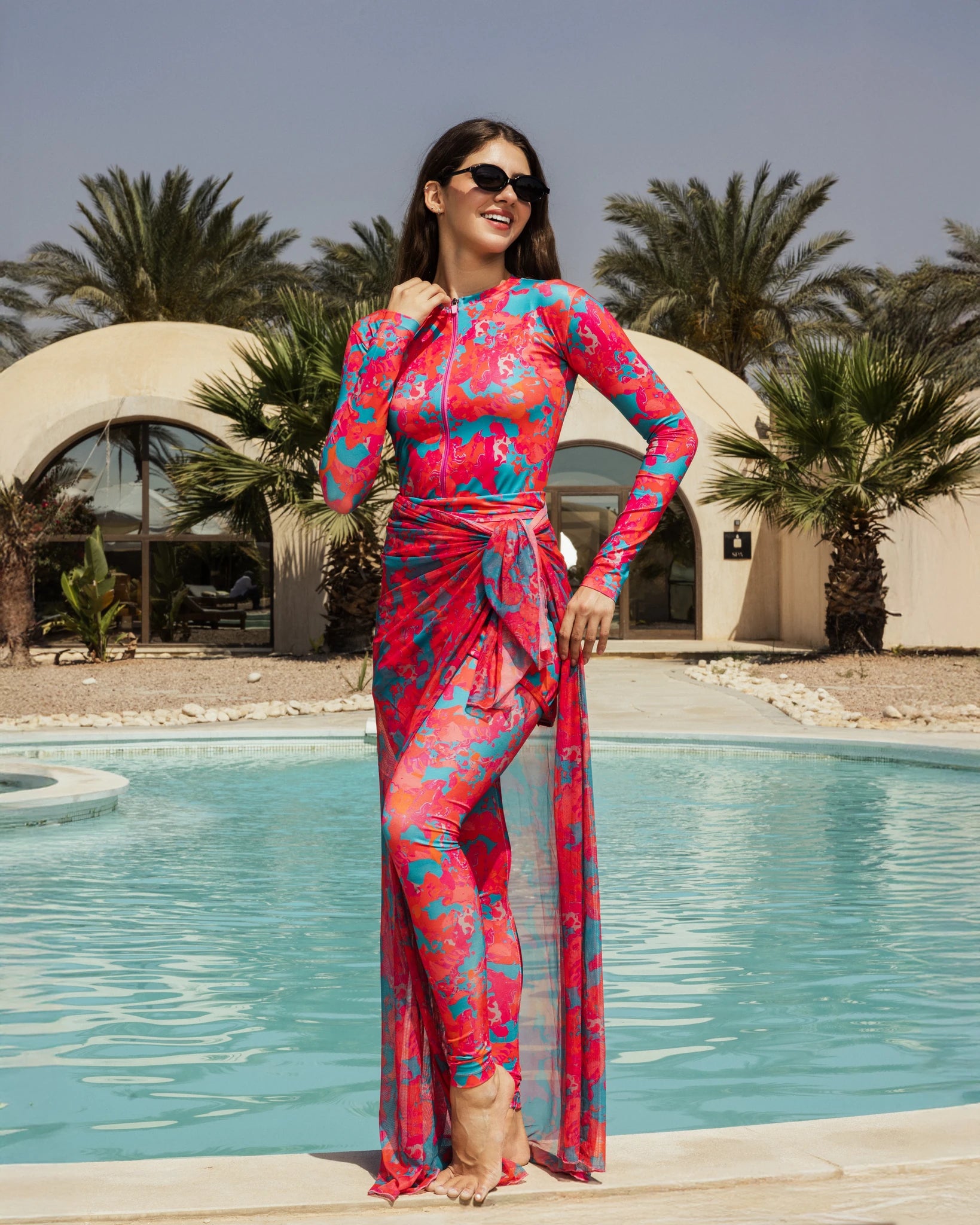 Coral floral burkini set with matching sheer sarong cover up