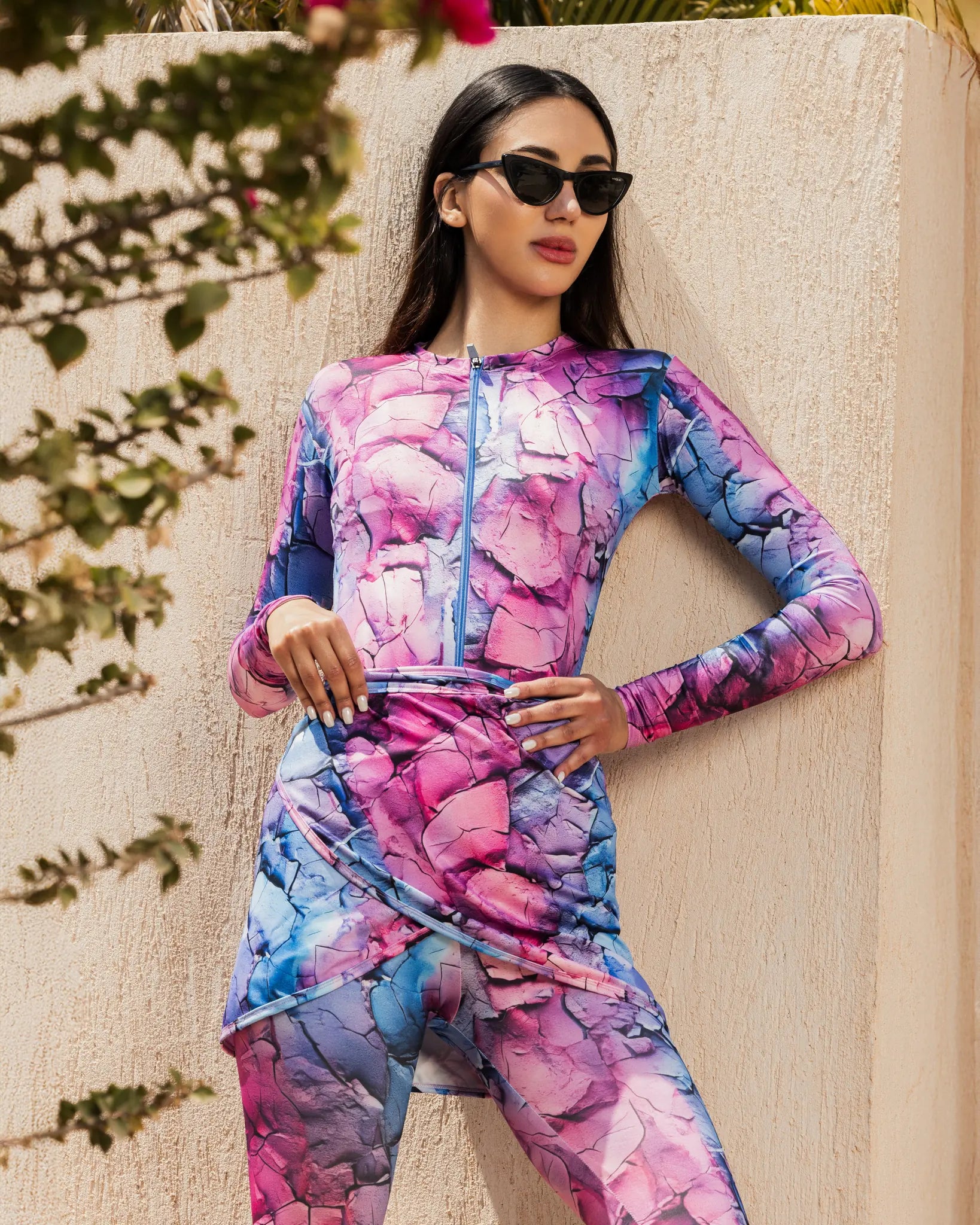 Pink and blue marble print burkini top and skirt detail