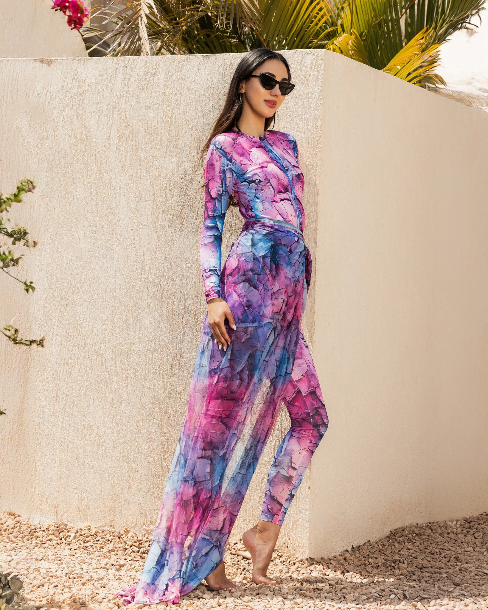 Cotton candy marble modest swim set styled with sarong