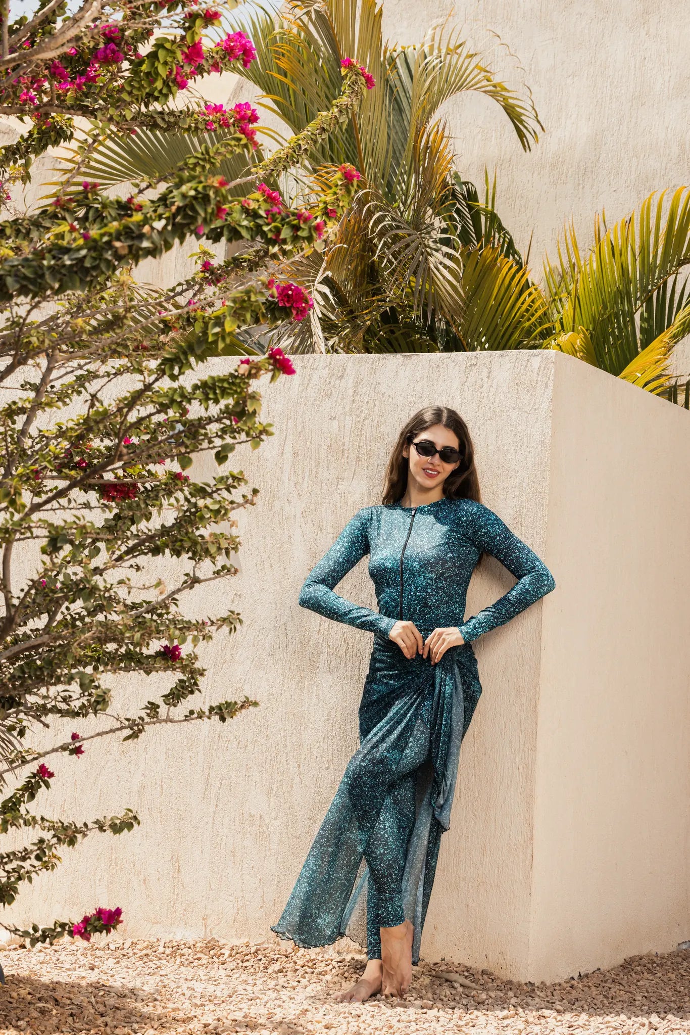 Teal glitter full coverage burkini quick dry swimwear
