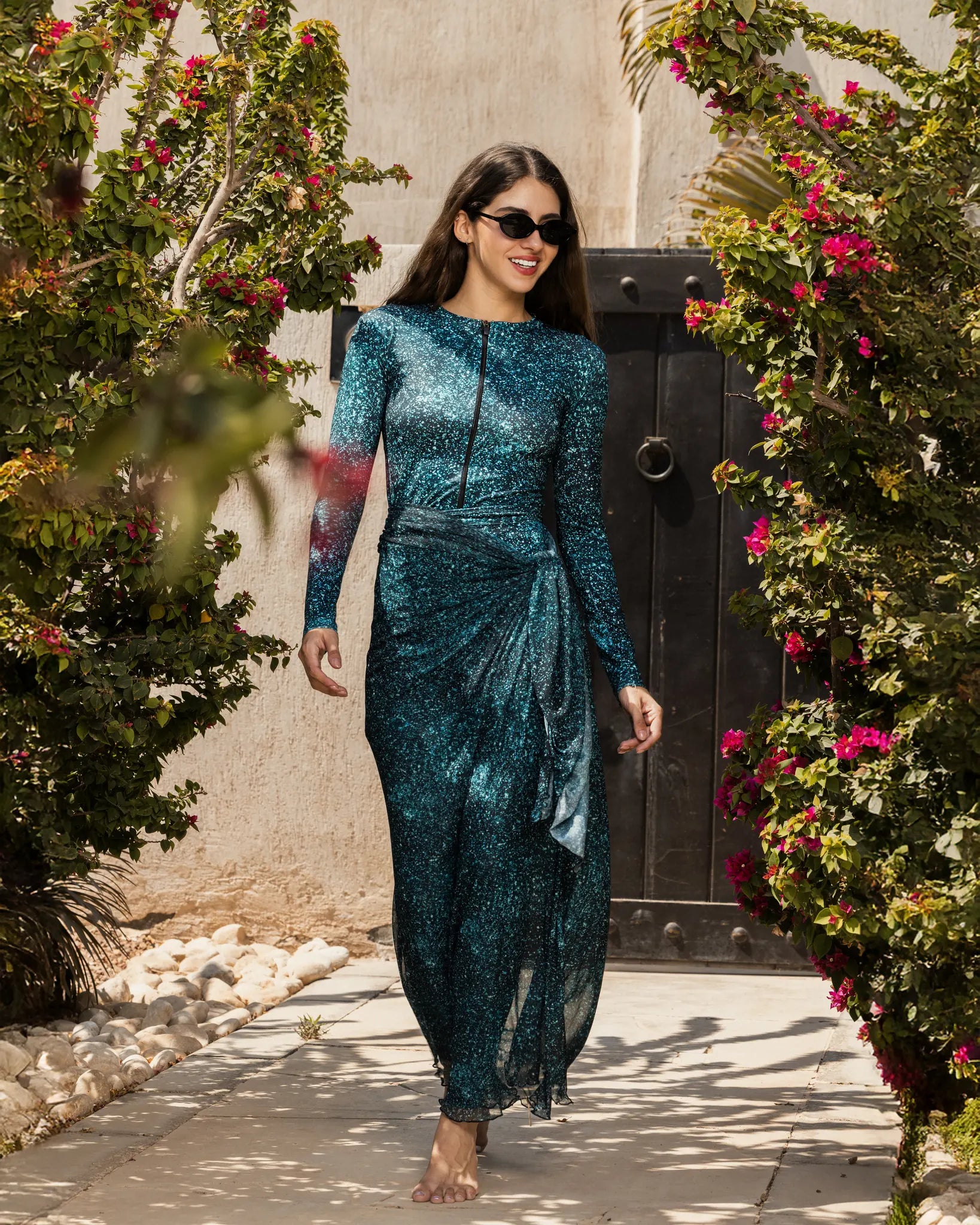 Teal shimmer burkini set with matching sarong walking