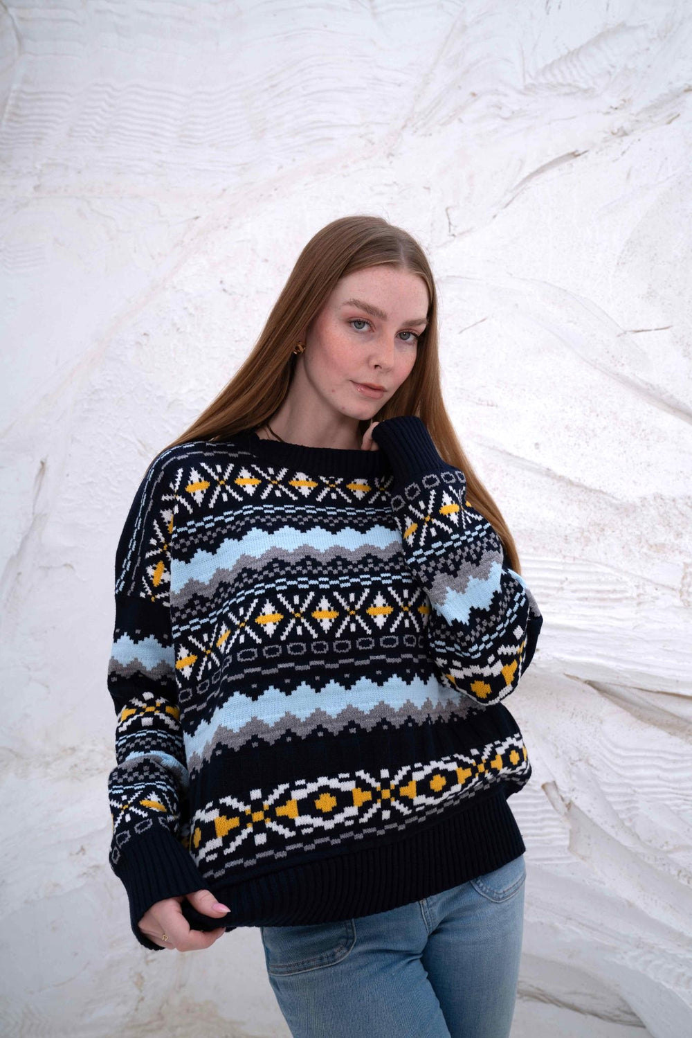 Navy Women’s Patterned Knit Pullover — knitwear by Gumus