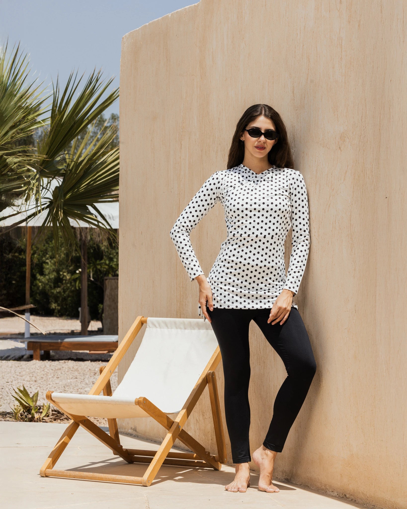 Ivory black polka dot modest swim set long sleeve tunic and leggings