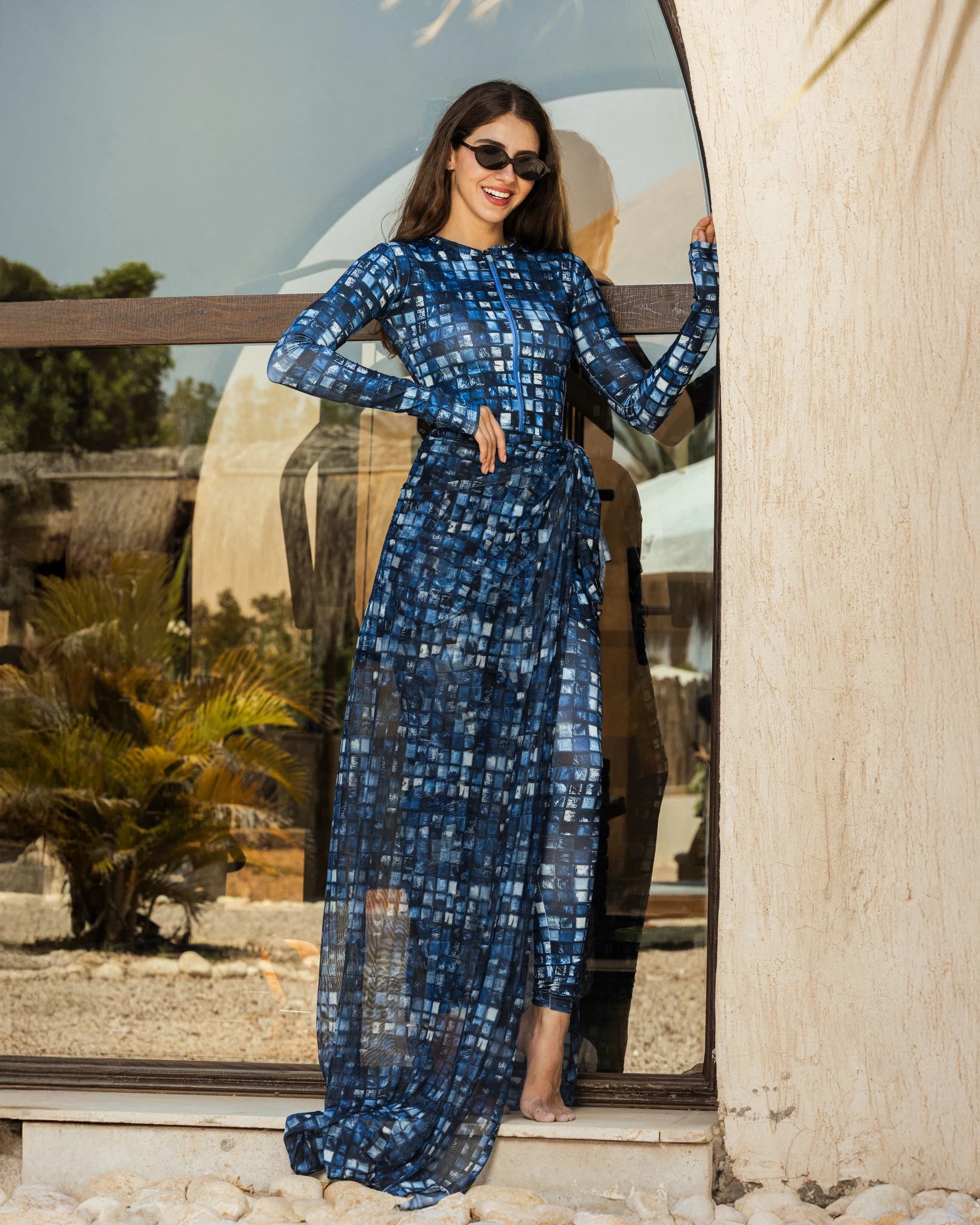 Blue mosaic burkini set with matching sarong