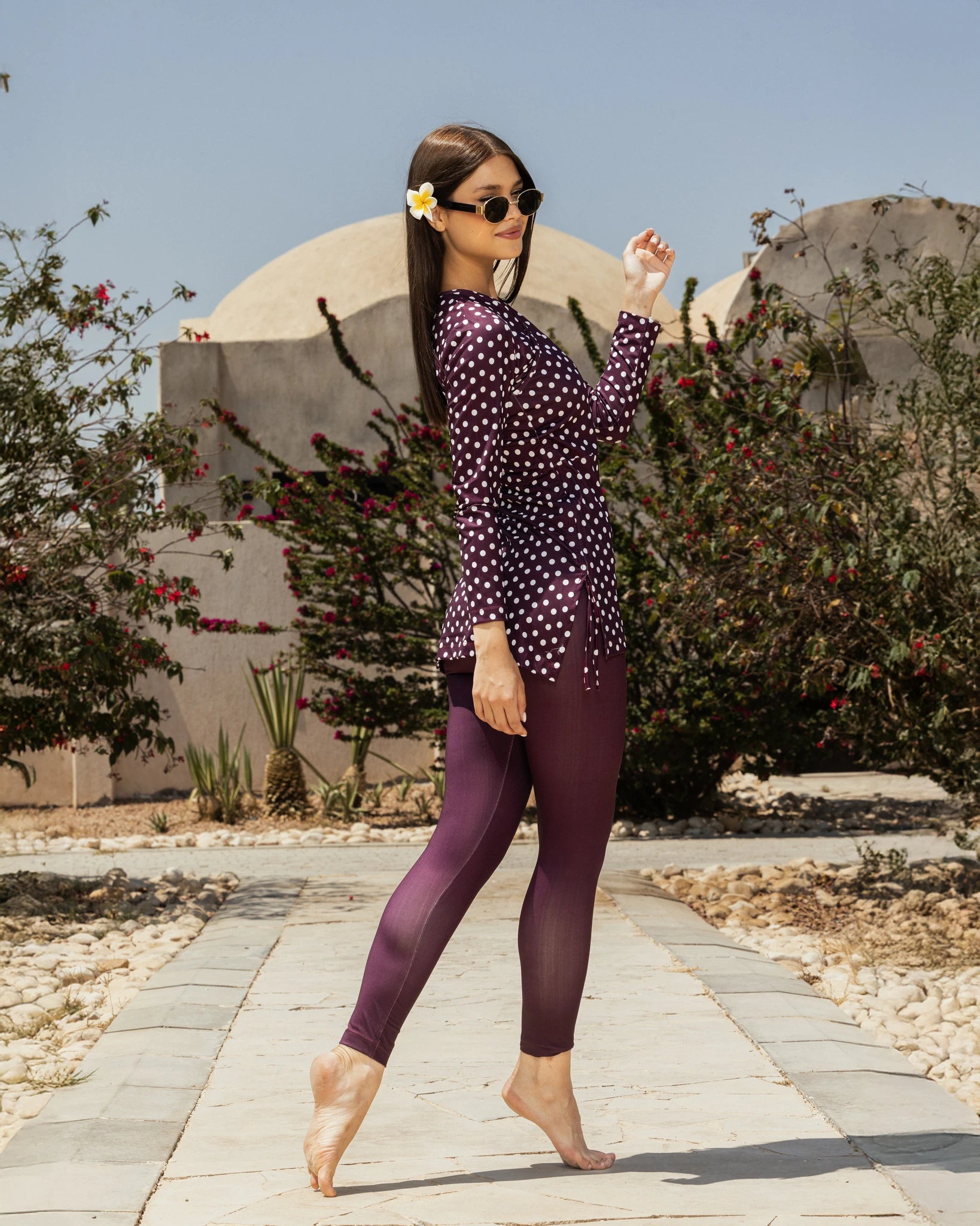 Plum polka dot swim tunic and swim leggings full coverage