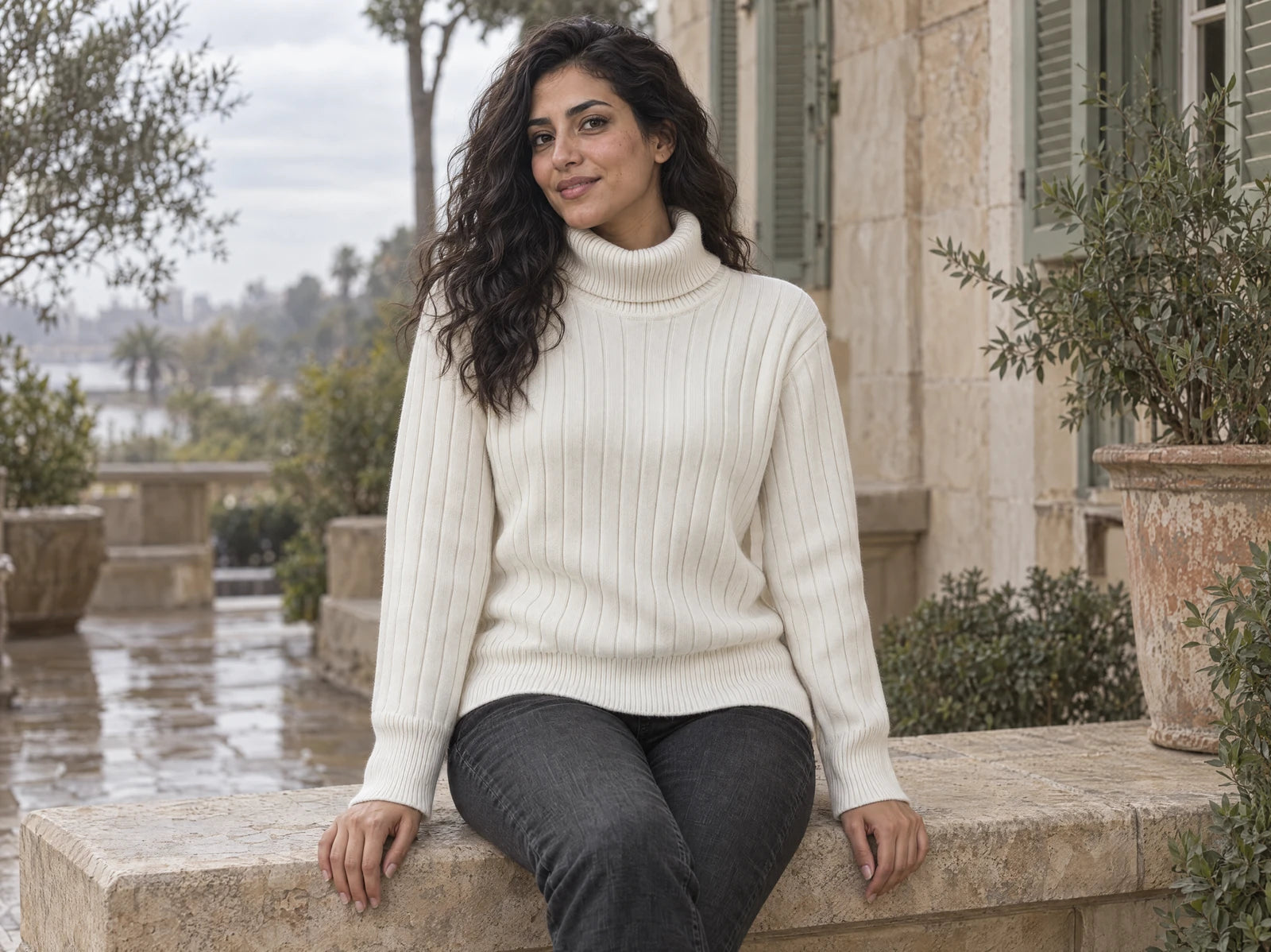 Model wearing GUMUS ivory ribbed turtleneck knitwear on a Cairo winter terrace